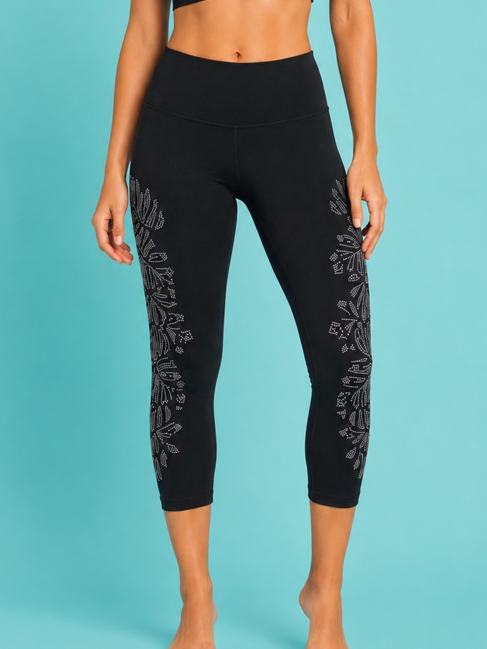 GapFit GFast Black Cropped Leggings Palm Print Size L Athletic Worko - Picture 1 of 11